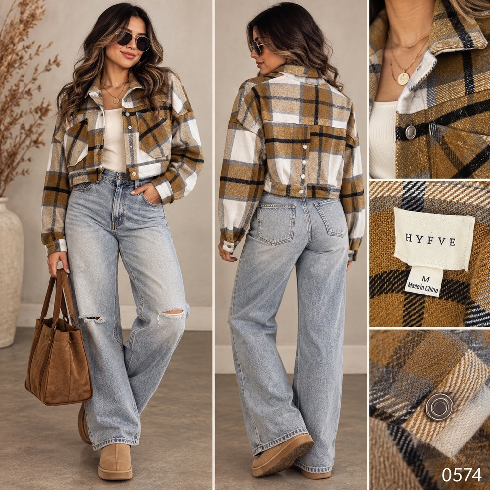 Hyfve Mustard Plaid Cropped Shacket Jacket Mustard Brown White HF21G625 0574